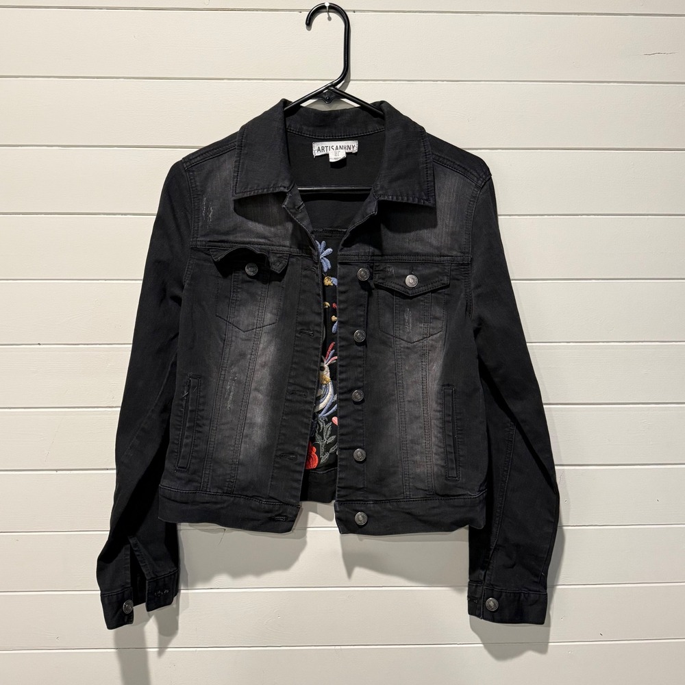 Artisan NY Womens Black Denim Embroidered Bird Floral Boho Jacket Small Distress